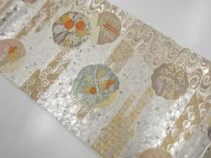 リサイクル　ヱ霞に古典柄・草花模様織出し袋帯